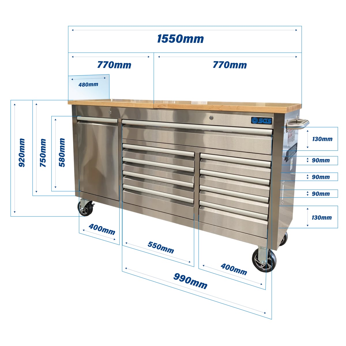 SGS 61in Stainless Steel 9 Drawer Tool Chest | Split Wooden Lift-Up Worktop